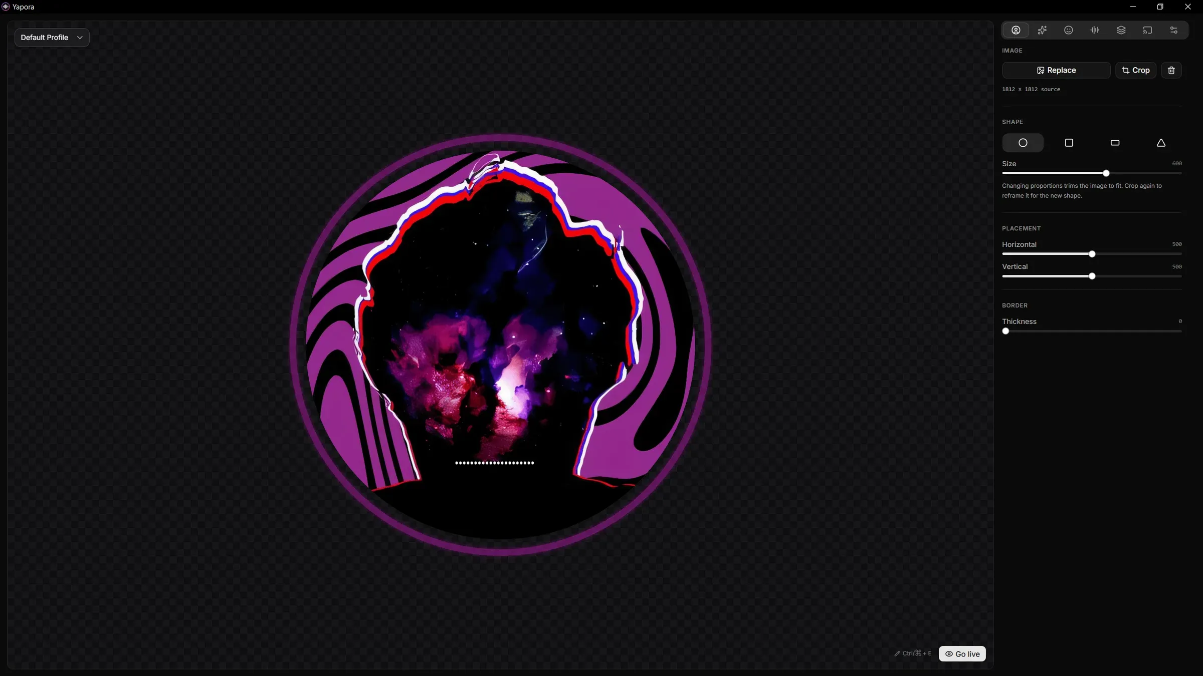 Yapora: an avatar on the stage, with its settings beside it