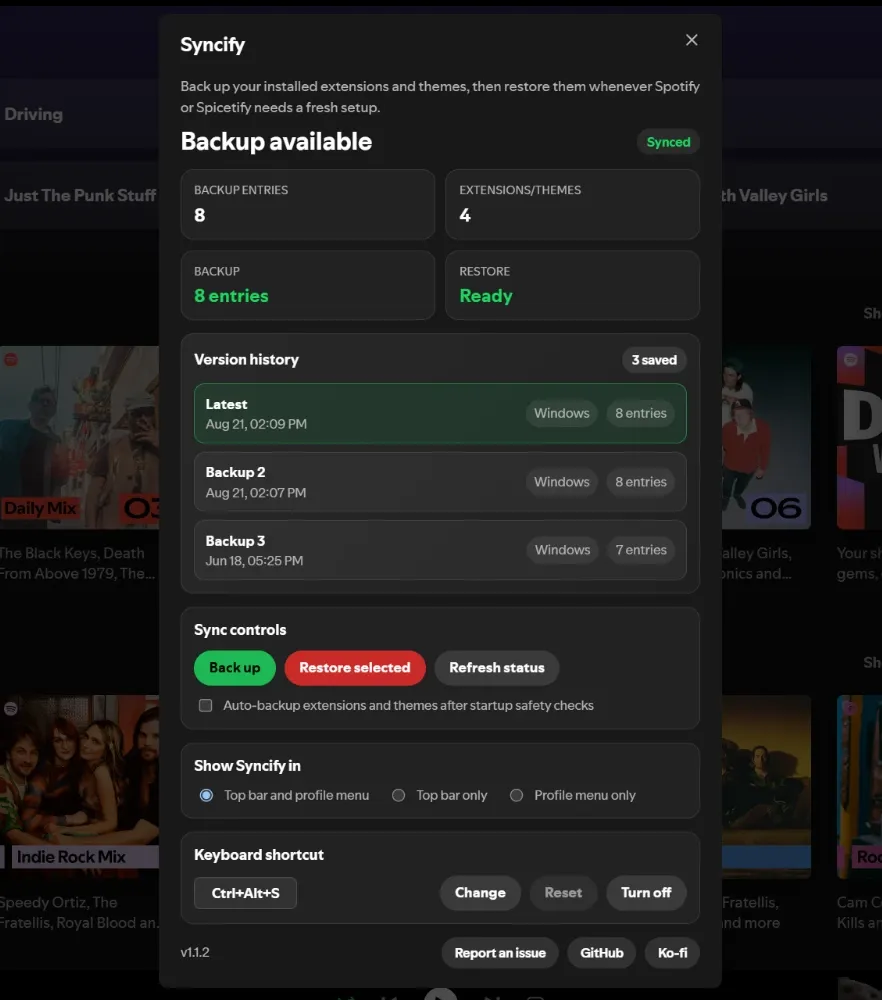 The Syncify dialog open in Spotify, with three saved backups
