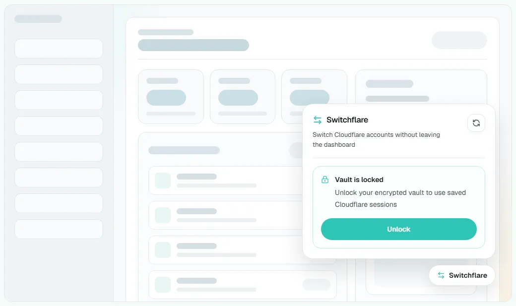 Switchflare on the Cloudflare dashboard, asking to unlock the vault